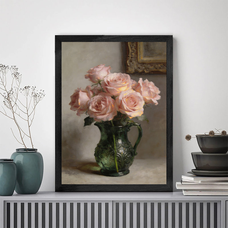 Reproduction d'art encadrée noire rétro rose dans une bouteille de jade, peinture à l'huile classique, H 25 po x l 17 po