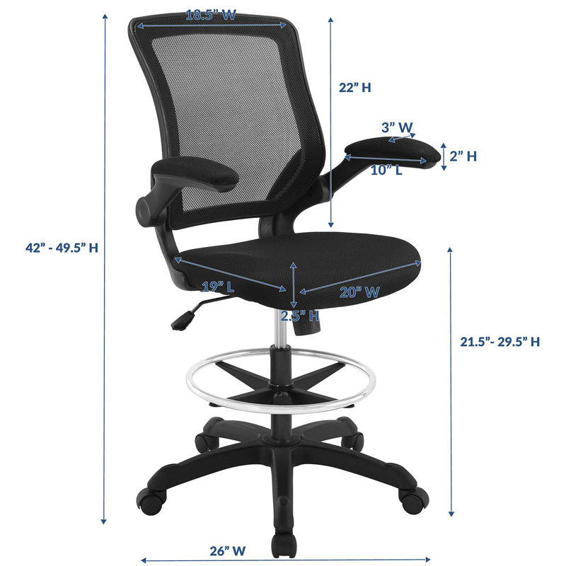 Modway Veer Drafting Chair - Reception Desk Chair - Flip-Up Arm Drafting Chair, Black