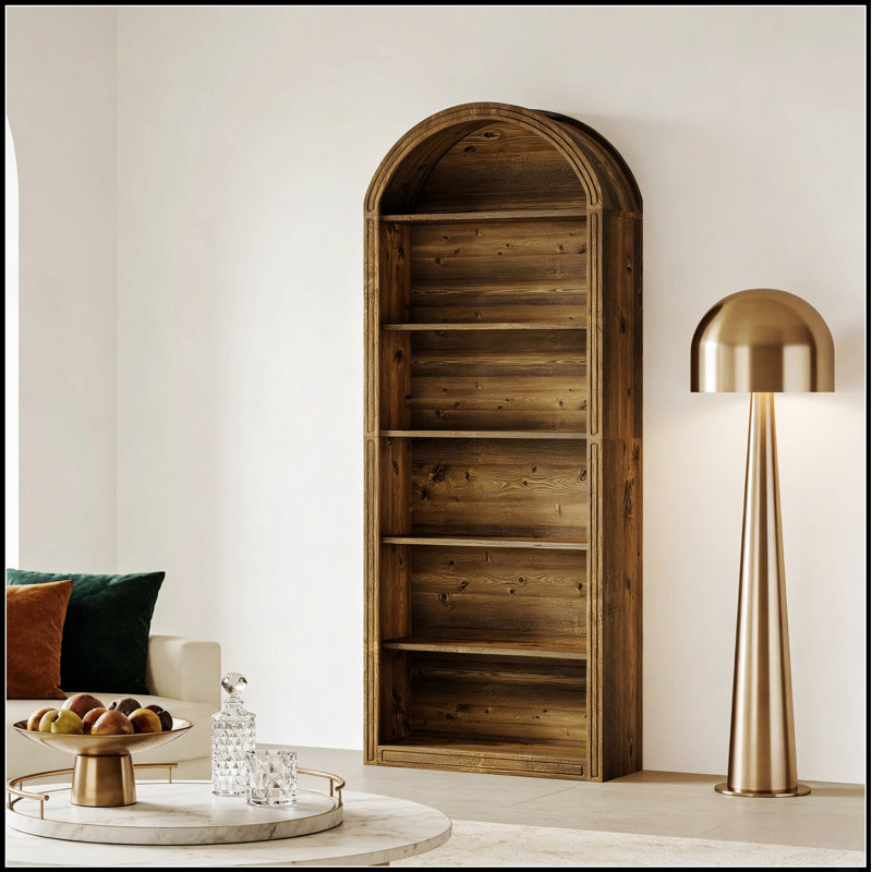 Bibliothèque chic en bois arqué, étagère de présentation au design élégant pour l'organisation de la maison et du bureau