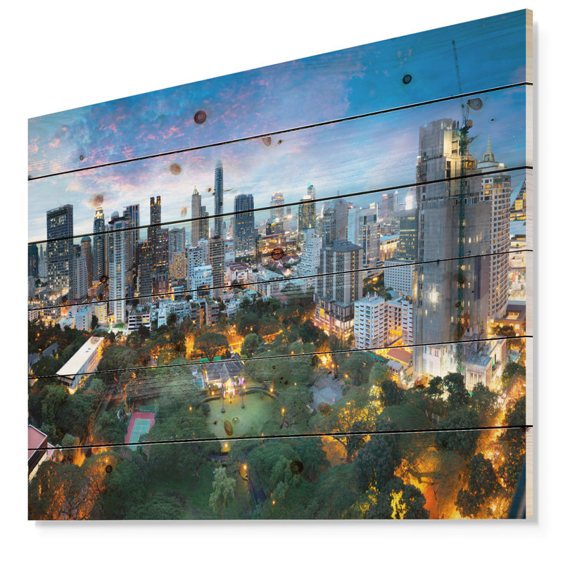 Horizon de la ville de Bangkok - impression, H 15 po x l 20 po x p 1 po, Bois