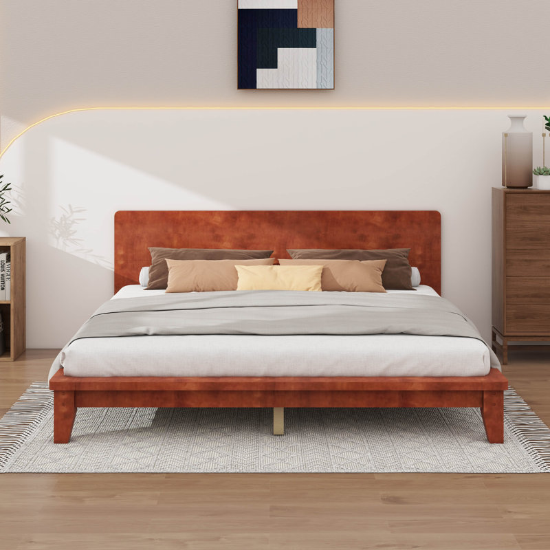 Base de lit plateforme avec tête de lit haute, support à lattes de bois, aucun sommier requis, Grand lit, Brown