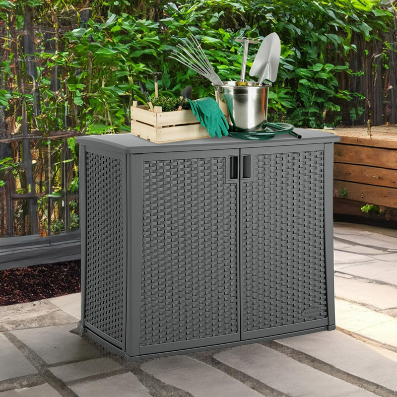 Cool Gray Lockable Wicker Plastic Outdoor 2-Door Cabinet