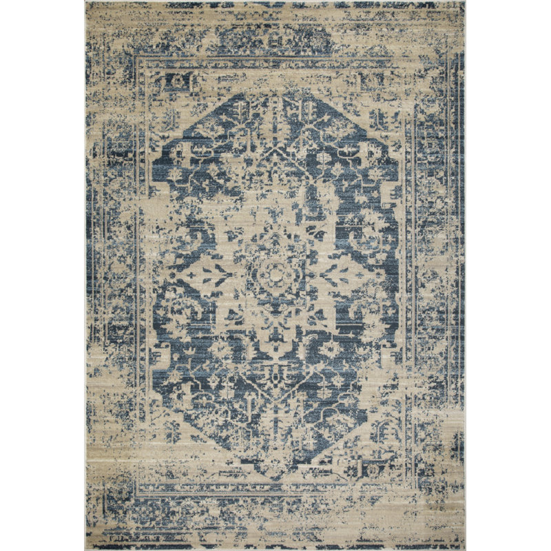 Tapis oriental ivoire et bleu 8 pi, Tapis de couloir 2 pi x 8 pi