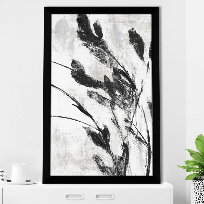 «Misty Grey Leaves I» par Lanie Loreth - Peinture, Cadre noir, H 49,5 po x l 33,5 po x P 1 po