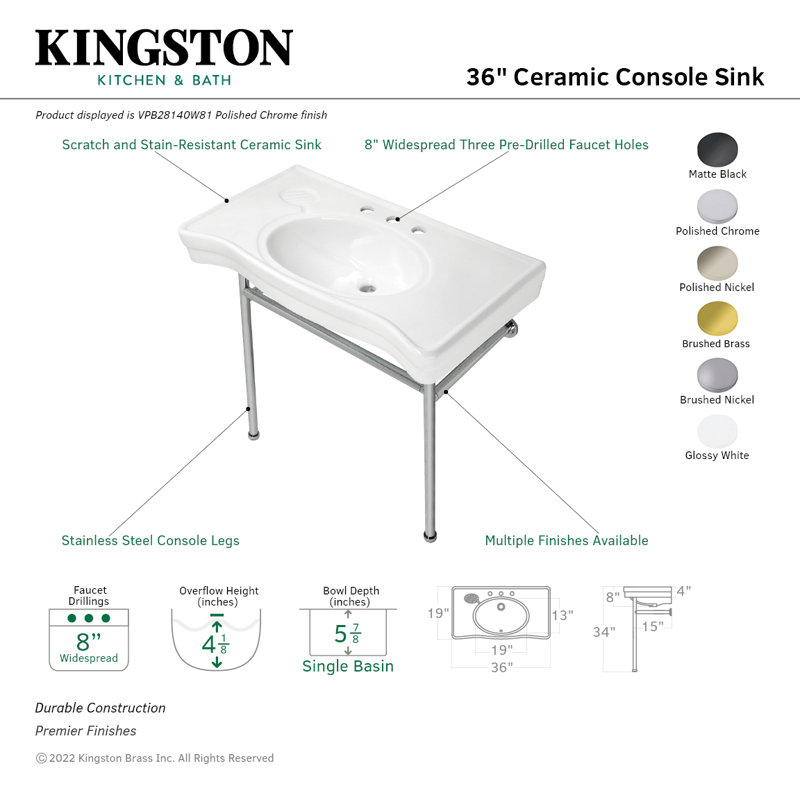 Kingston Brass Bristol 36-Inch Ceramic Console Sink with Stainless Steel Legs (8-Inch, 3-Hole), White/Matte Black
