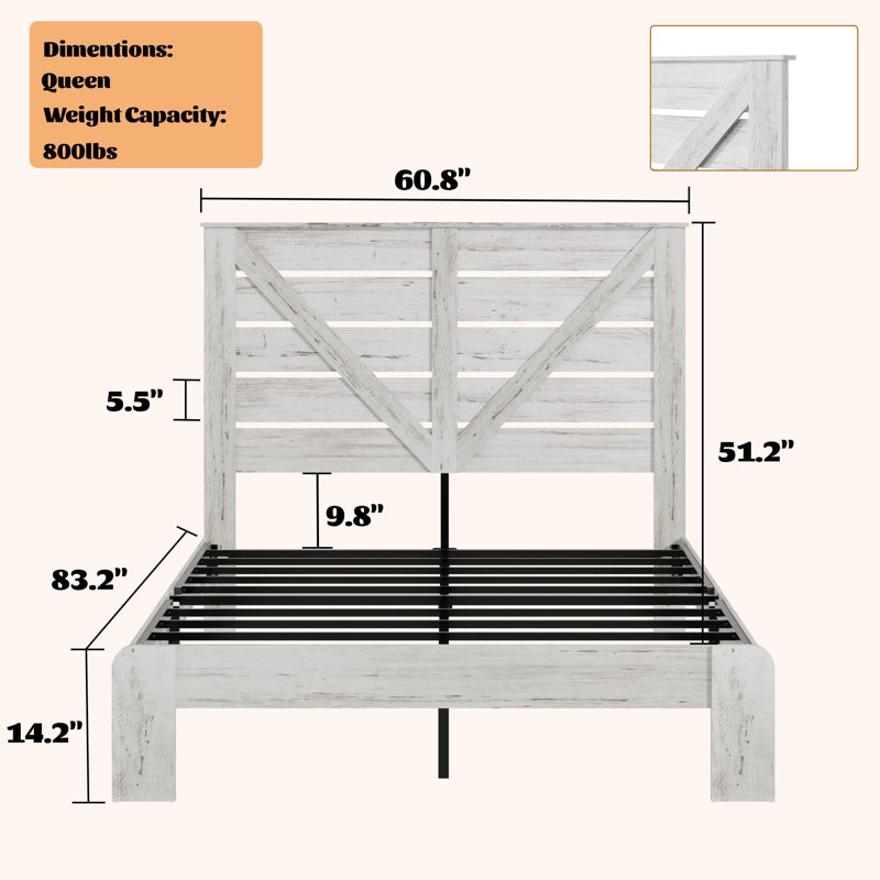 Base de lit plateforme en bois grand, Blanc, Grand lit