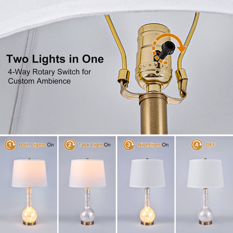 25.5'' Coastal Luxury Capiz Shell Table Lamp with Nightlight, 4-Way Control, Living Room Bedroom Decor, Modern Glam Decorative Bedside Lamp with White Linen Shade, Handcrafted