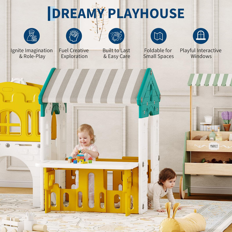Ensemble de jeux pour enfants 9-en-1 avec glissoire, balançoire et tunnel pour la cour, Green