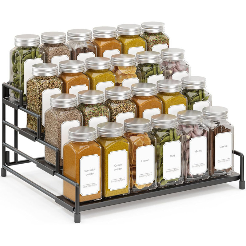 1 Pack Black 4-Tier Metal Spice Rack, Adjustable Depth Shelf Riser for Kitchen Cabinet/Countertop/Pantry/Cupboard Seasoning Display