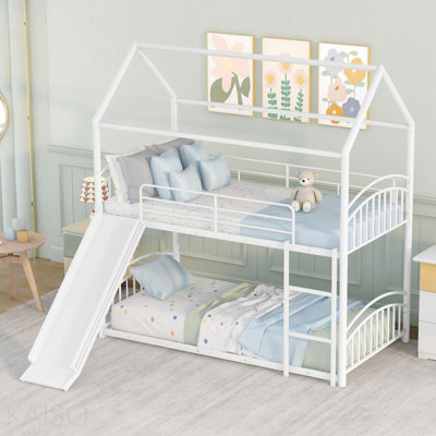 Lit superposé simple en métal avec glissade, lit pour enfant, blanc