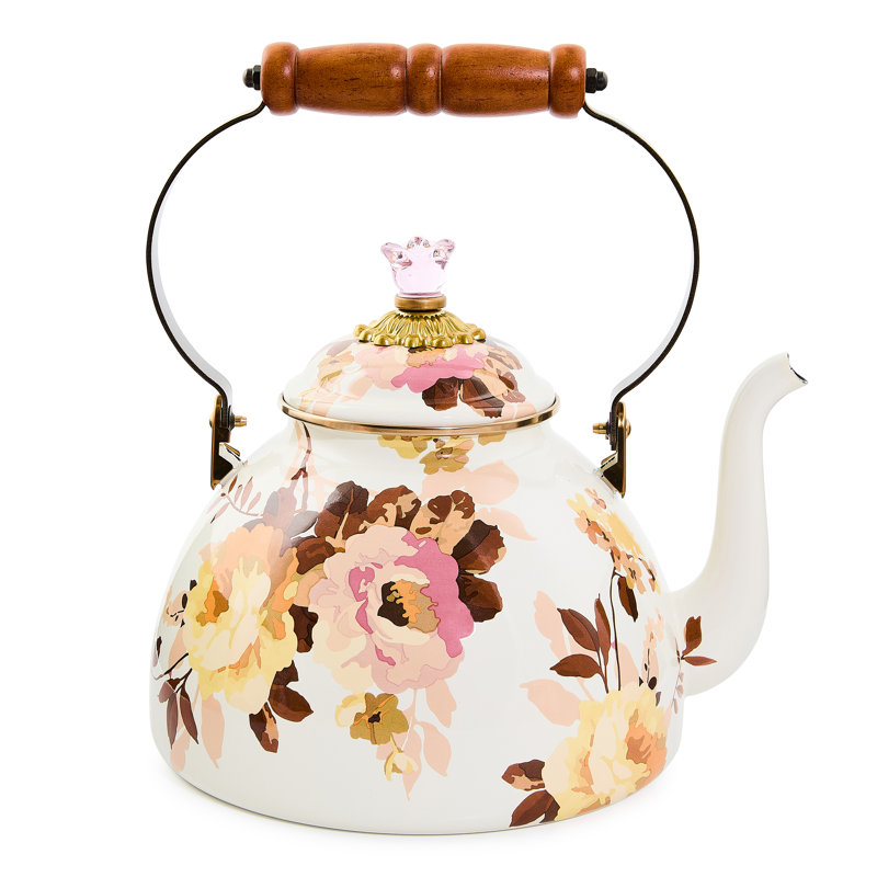 Wild Rose 3 Quart Tea Kettle, White
