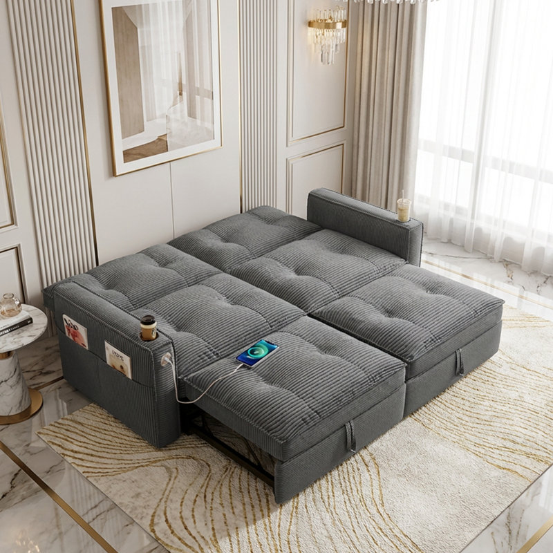 Canapé-lit modulaire convertible 3-en-1 avec port USB et rangement latéral, causeuse multifonctionnelle en velours côtelé gris pour le salon