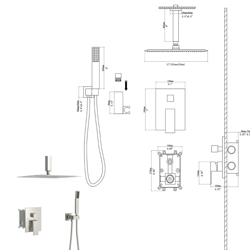 Ceiling Mount Dual Shower - 10 Inch Brushed Nickel Square With Adjustable Rainfall And Detachable Handheld System Head Easy Clean Nozzle Spray