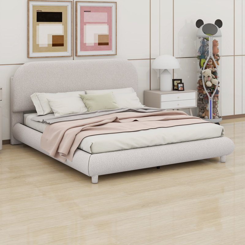 Lit plateforme tapissier, structure solide et design courbé élégant, Beige, Grand lit