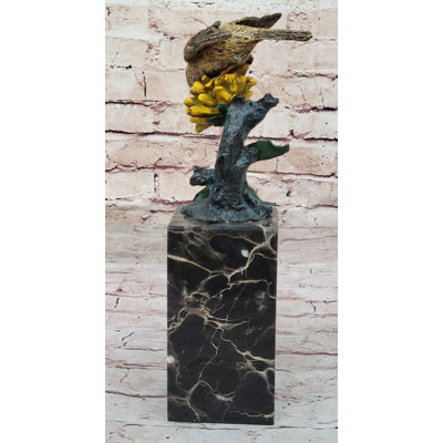 Hot Cast Bronze Sparrow Finch Yellow Bird on Marble Base - Original Art by Milo