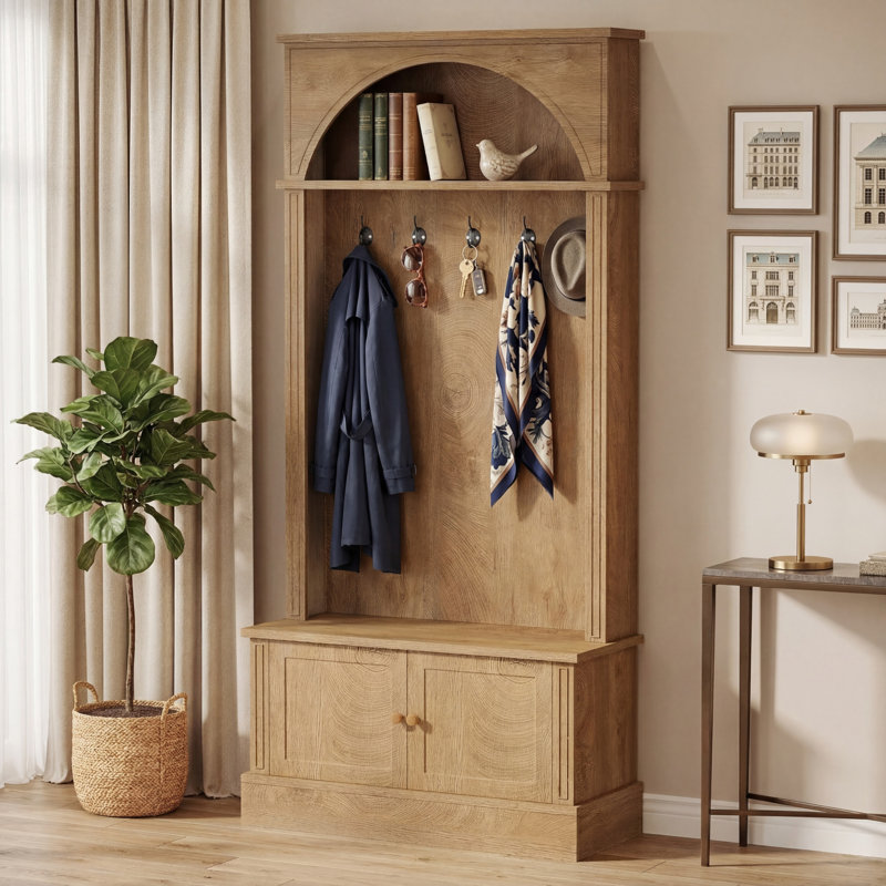 Brown, 4-In-1 Foyer Coat Rack With Bench And Shoe Rack, 70.88 Inches High, With 5 Sets Of Double Hooks And Adjustable Shelves, Suitable For Hallway Entryways.