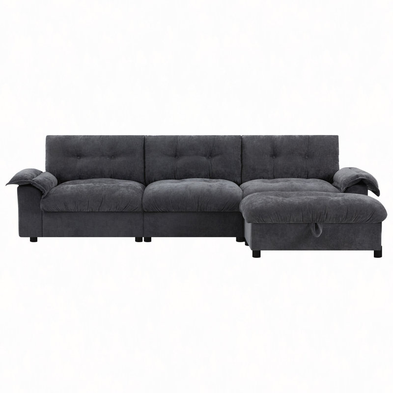 Canapé modulaire de 104 po x 60 po, en forme de L avec accoudoirs multifonctionnels, chargement à deux ports, porte-gobelet, poches de rangement latérales, repose-pieds de rangement mobile, conception capitonnée unique, coussin moelleux, chenille