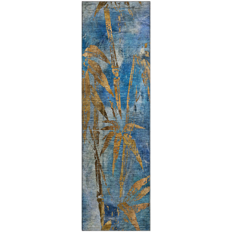 Premium Machine Washable Mayfield AMF2222 Botanical Rug, Blue, 2'3" x 7'6" Runner
