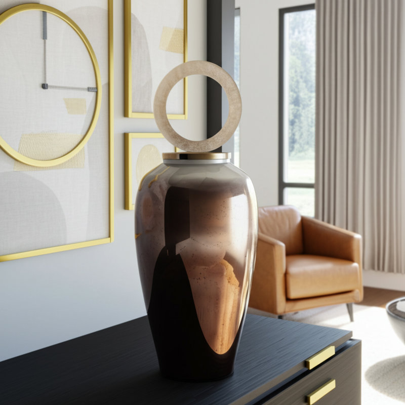 Pot en verre et résine Glam avec couvercle décoratif et silhouette moderne, H 28 po x l 11 po x P 11 po