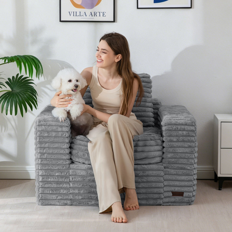  35" Bean Bag Chair Upholstered Floor Sofa, White Faux Leather