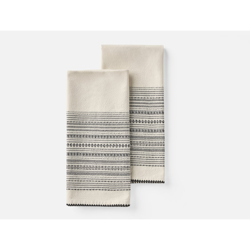 Oak Cotton Stripe Embroidered Tea Towel Kitchen Towel, Undyed/Black