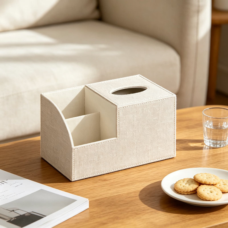 Boîte à mouchoirs carrée en similicuir avec compartiments de rangement pour télécommandes, téléphones et lunettes, porte-mouchoir multifonction pour la décoration de la maison, du bureau ou de la chambre.