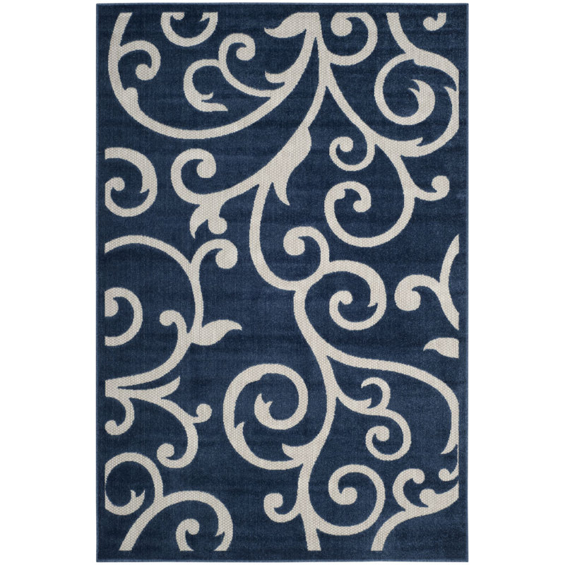 Tapis bleu marine / crème intérieur / extérieur Bryan, Rectangle 5 pi 3 po x 7 pi 7 po