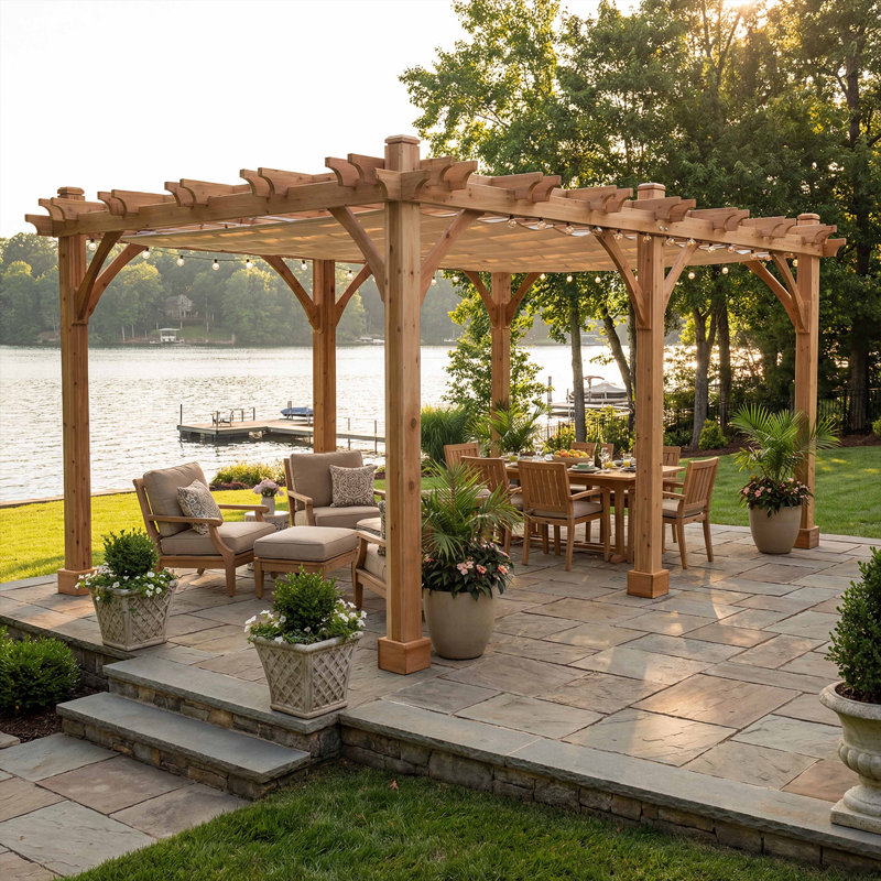 12 ft. W x 16 ft. D Breeze Solid Cedar Wood Pergola with Retractable Canopy, 12 ft. W x 16 ft. D, Brown
