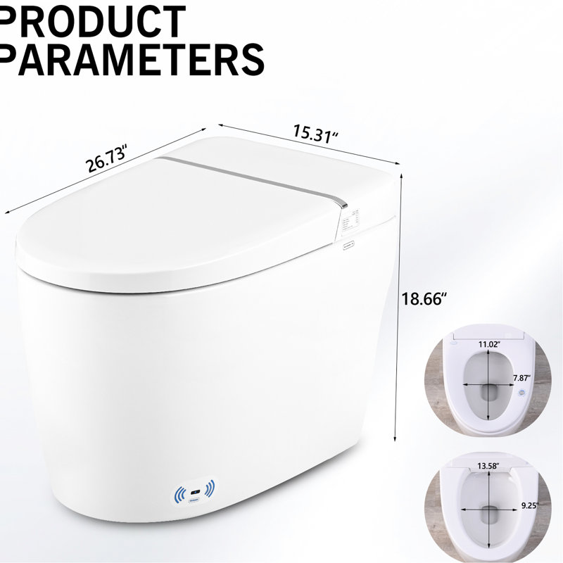 White Smart Toilet Bidet With Self-Cleaning Nozzle, Heated Seat, Night , Knob Flush, Power Outage Flushing, Silent Slow Function, Soft Close, Auto Flush Down, 3 Temperature Choices, Ceramic Material