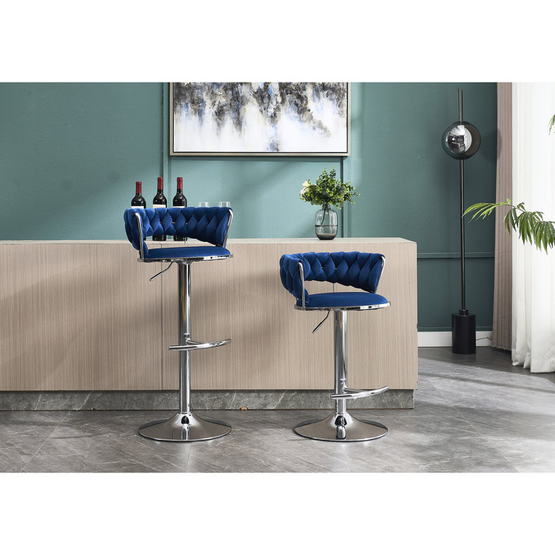 Swivel Bar Stools (2) - Blue Velvet, Metal Base With Reinforced Stability For A Secure Seat Velvet And Height Adjustment Capabilities
