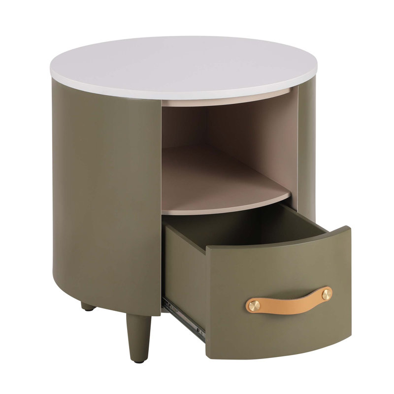Table de chevet ronde contemporaine et moderne avec tiroir de rangement, table de bout de canapé avec tablette ouverte, assemblage facile pour le salon et la chambre à coucher