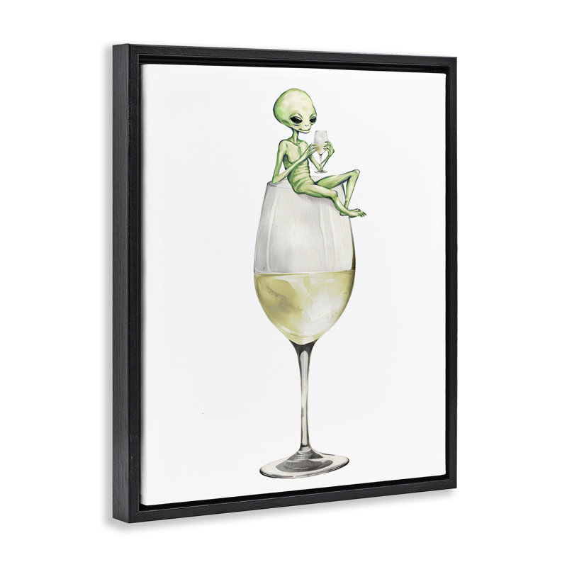 Alien perché sur un cadre flottant en verre de champagne, design par Lil 'Rue, Cadre flottant noir de jais, H 21 po x l 17 po