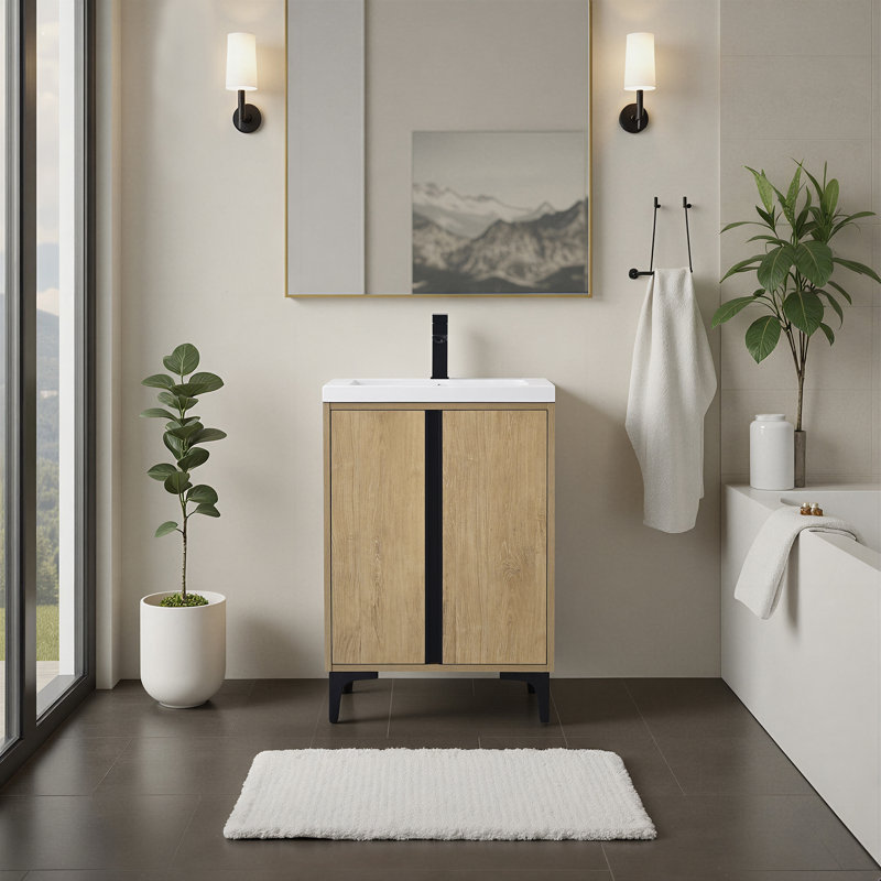 Meuble-lavabo simple 24 po au fini chêne naturel avec lavabo en résine blanc à surface solide, 24"