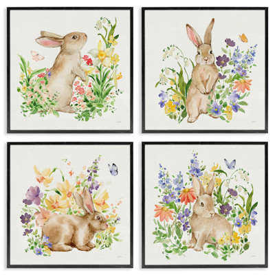Ensemble de 4 giclées encadrées, "Celebrate Spring Floral Bunnies", par Katrina Pete
