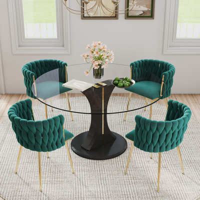 Modern Round Dining Table Set with Upholstered Weavon Chairs, Mid‑Century Dining Room Table Set for Kitchen Breakfast Nook