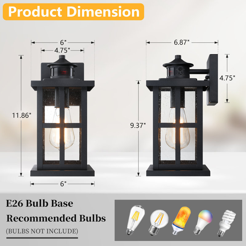12" 1-Light Motion Sensor and Dusk to Dawn Outdoor Wall Sconce with  Seeded Glass Shade, Black, 1 Light