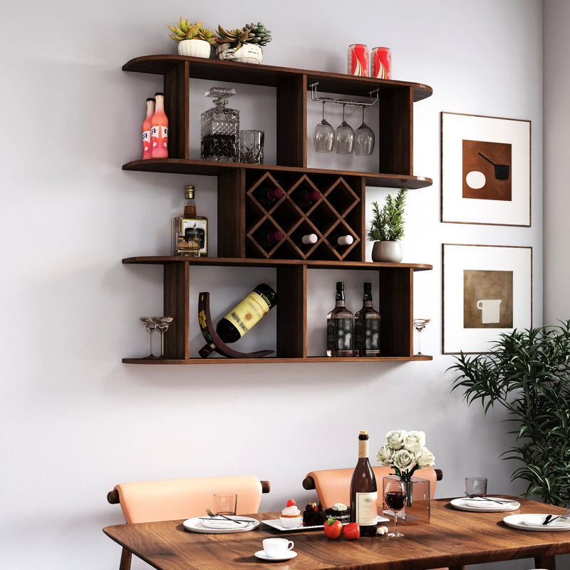 Casier à vin mural rustique multifonctionnel à 3 niveaux avec porte-verres, idéal pour le bar, la salle à manger et le rangement. Panneaux de particules de noyer, profondeur : 120 cm, largeur : 23,5 cm, hauteur : 103,5 cm, poids : 22,2 kg