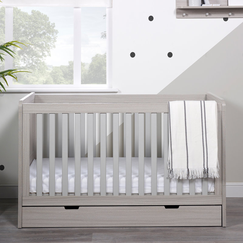 Pembrey Cot Bed, Under Drawer & All Seasons Premium Pocket Sprung Mattress, Ash Grey/White