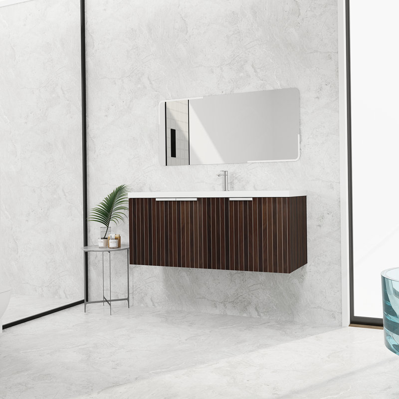 Meuble-lavabo de salle de bain avec lavabo en résine, portes à fermeture douce, conception à fixation flottante, 47.2", Brun