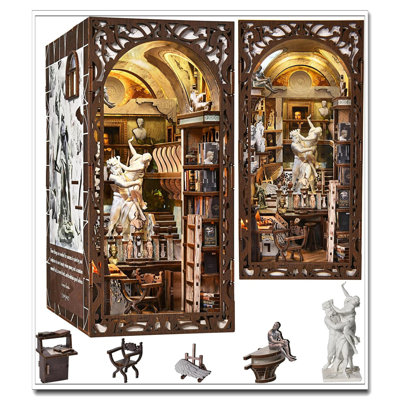 DIY Book Nook Library Kit 3D Wooden Puzzle Miniature Dollhouse Berninis Sculpture Workshop With LED Light Bookend Bookshelf For Teens And Adults