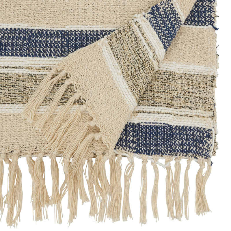 Blue and Beige Cotton Striped Table Runner with Fringe