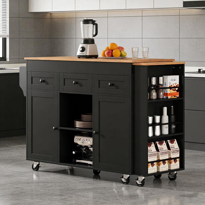 85.5" Kitchen Island with Extendable Dining Table, Black