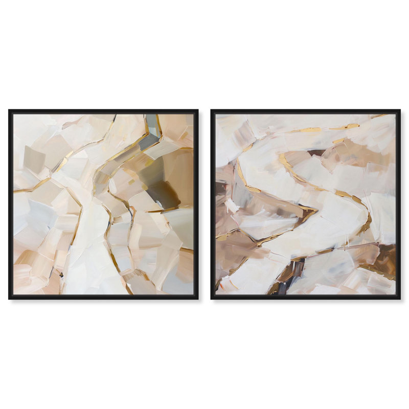 Caramel écorce ensemble de 2 tons de terre abstrait par Art Remedy, Cadre flottant noir, H 12 po x l 12 po