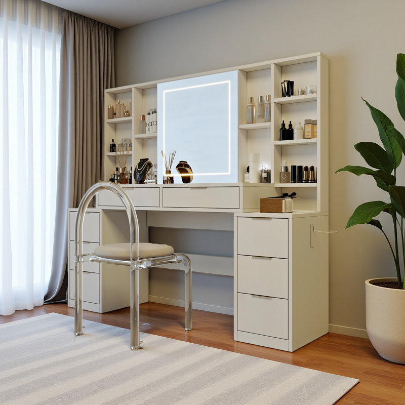 Makeup Vanity Desk With Mirror And Lights, 59" Large Vanity Table With 8Drawers & Open Storage Shelves, Brightness Adjustable, Dressing Table For Bedroom, Women And Girl