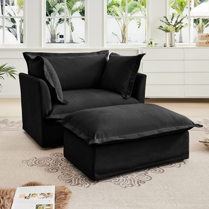 Canapé-lit contemporain contemporain à siège profond et confortable avec repose-pieds, Noir