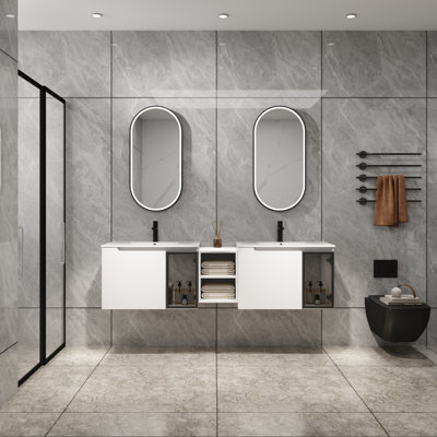 Ensemble de meuble-lavabo mural brillant Lumivera avec lavabo en céramique et porte en verre gris