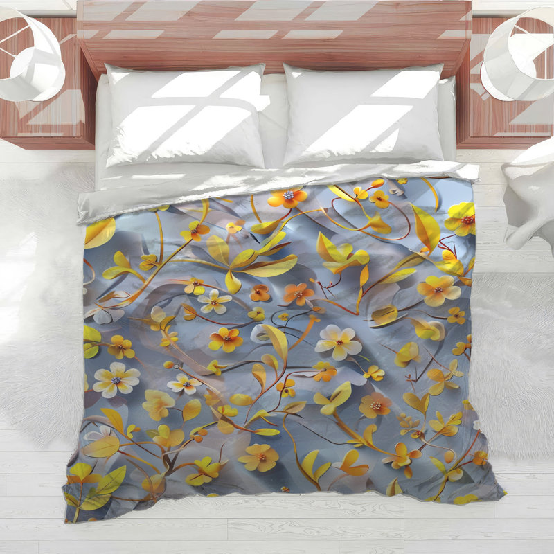 Yellow Orange Floral Pattern Comforter, Twin Extra Long