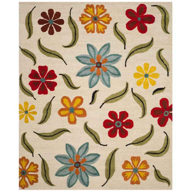 Emrick Hand Hooked Wool Floral Rug, Rectangle 9' x 12'