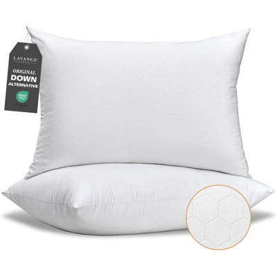 Lot de 2 oreillers de luxe moelleux pour hôtel, format king, neufs. Garnissage en fibres creuses 3D pour un confort ultra-doux. Housse en nid d'abeille.