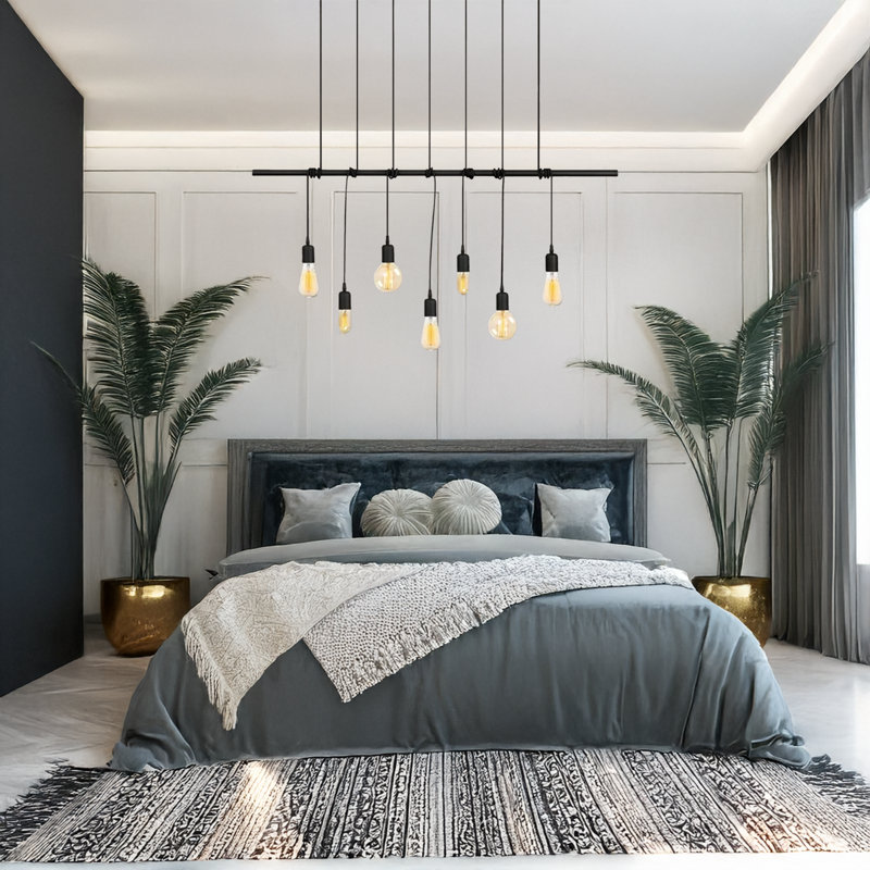 Luminaire suspendu pour îlot de cuisine à 7 lumières Bora, Noir, noir, noir, noir